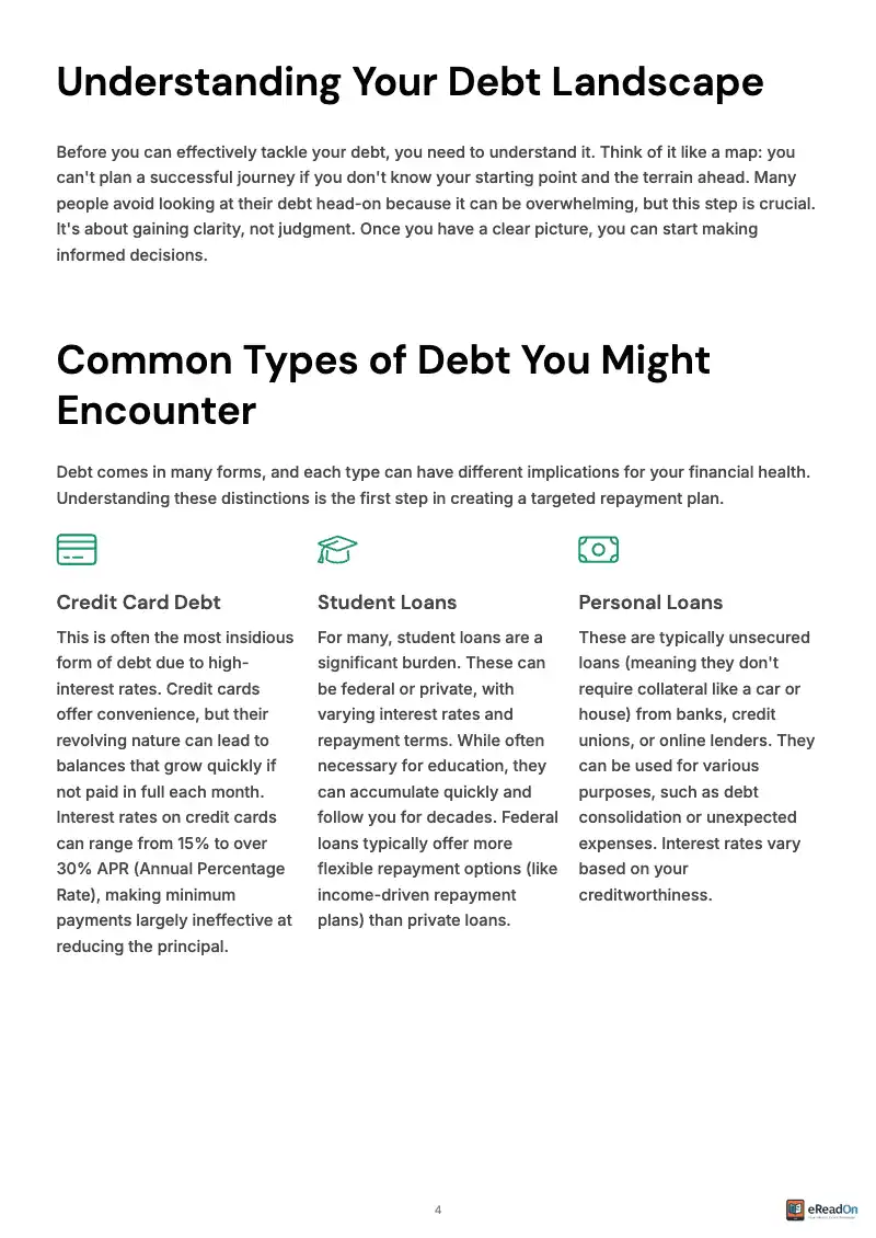 Example of an eBook chapter page explaining common types of debt, with headings, icons and three text columns